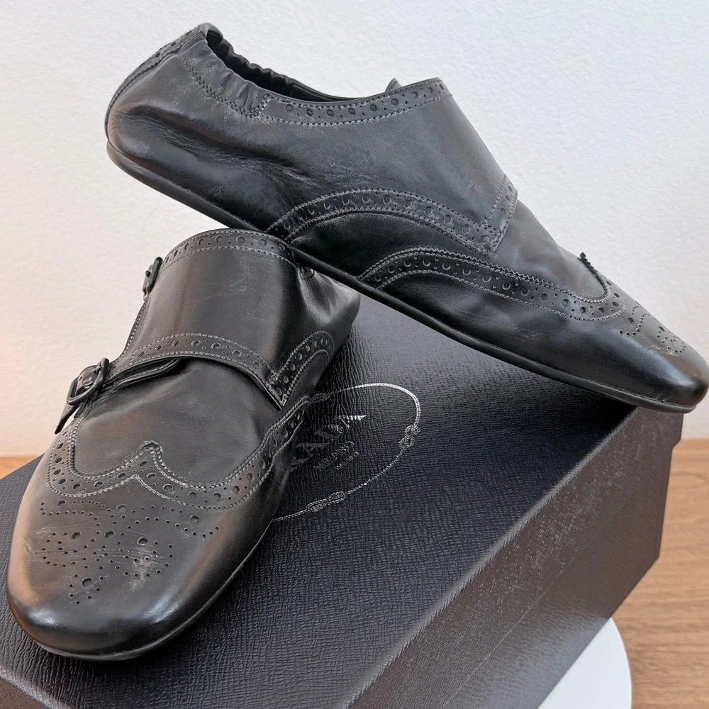 Prada 2EG469 Mens Leather Double Monk Strap Wingtip Shoes Grey Black UK 9